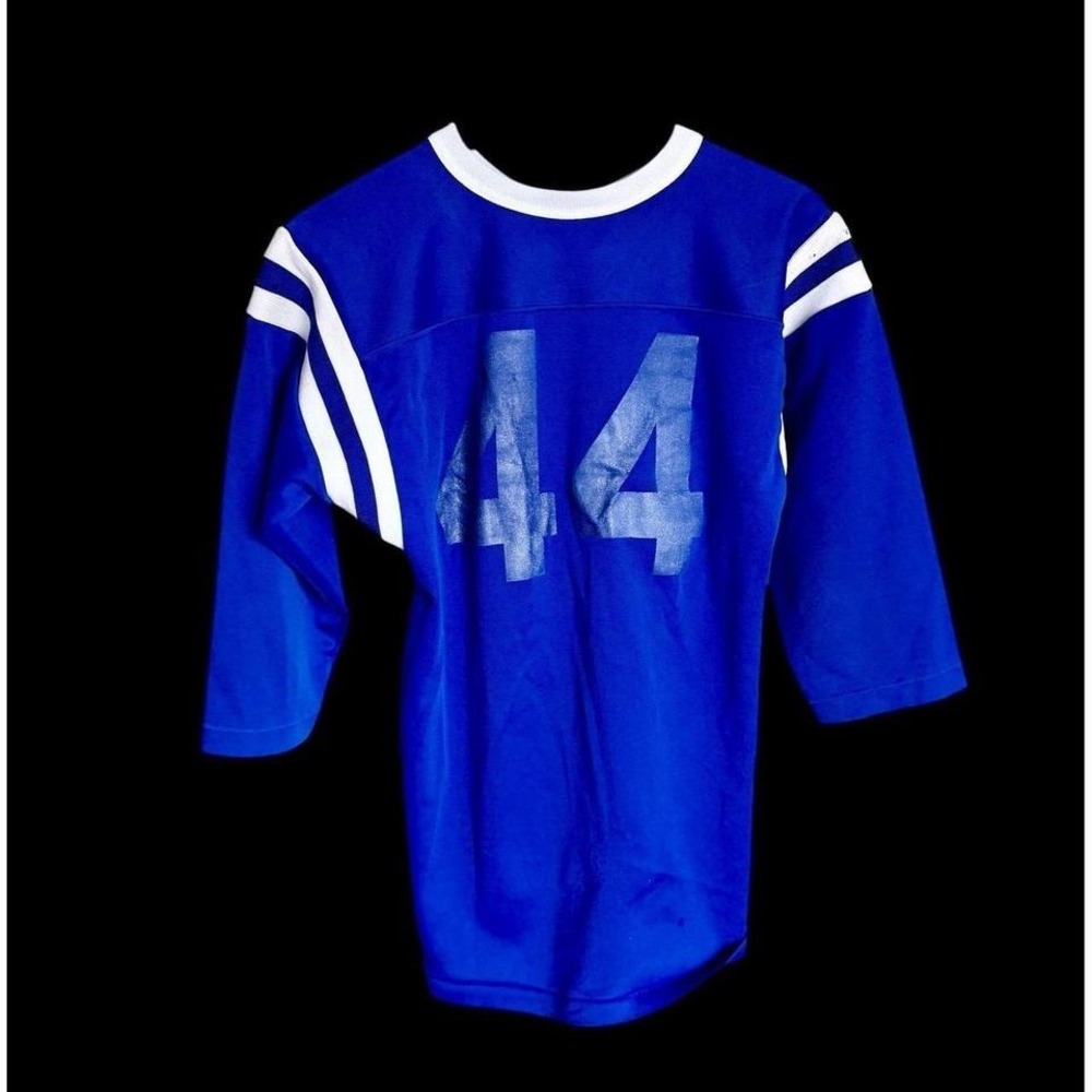 Vintage 70's Football Jersey #44 Blue Distressed USA 3/4 Sleeve